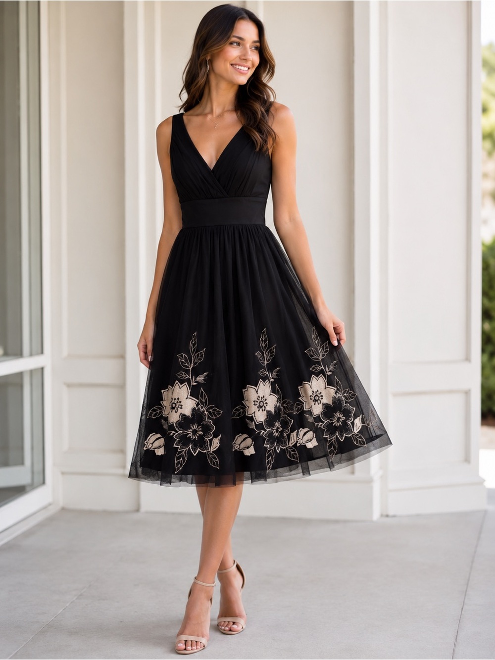Black Embroidered Floral Tulle Fit & Flare Cocktail Dress Small Fashion Spy